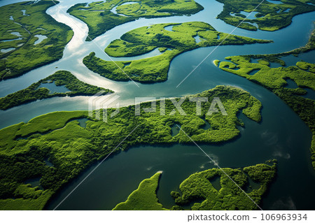 Aerial view of a river delta with lush green vegetation and winding waterways 106963934