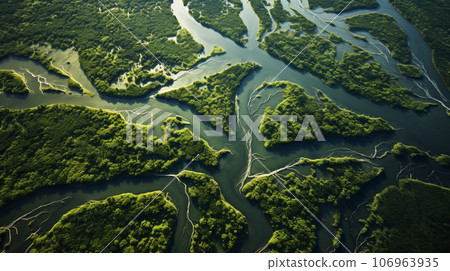 Aerial view of a river delta with lush green vegetation and winding waterways 106963935