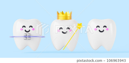 Dental braces, tooth fairy and teeth cartoon kawaii characters 3d render icon set. Cute baby tooth with orthodontic brackets, in golden crown and magic wand with star and smiling face. 3D illustration 106963943