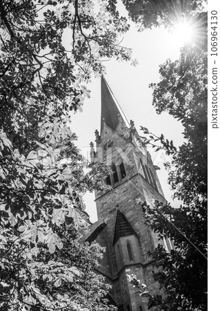 Cathedral of St. Florin, neo-gothic church in Vaduz, Liechtenstein. Black and white photography. 106964130