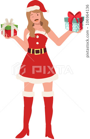 Smiling Young Woman in Santa Claus Costume. Beautiful Girl in Santa Claus Outfit.  Festive Holiday Illustration. 106964136