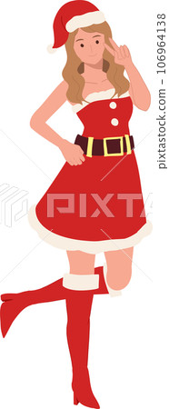 Smiling Young Woman in Santa Claus Costume. Beautiful Girl in Santa Claus Outfit. Festive Holiday Illustration. Smiling Young Woman in Santa Claus Costume. Beautiful Girl in Santa Claus Outfit. Festive Holiday Illustration. 106964138