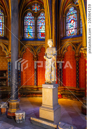 Lower chapel of Sainte-Chapelle with statue of Louis IX. Palais de la Cite, Paris, France Lower chapel of Sainte-Chapelle with statue of Louis IX. Palais de la Cite, Paris, France 106964159