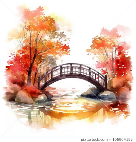 Bridge over a pond in the autumn forest Watercolor illustration AI image 106964192