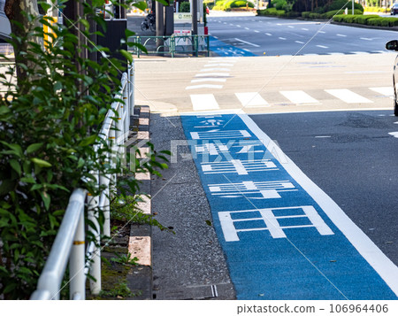 ``Regular bicycle lane'' painted with a blue band on the road surface 106964406