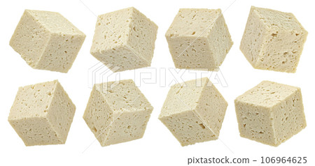 Tofu cheese cubes isolated on white background, full depth of field Tofu cheese cubes isolated on white background, full depth of field 106964625