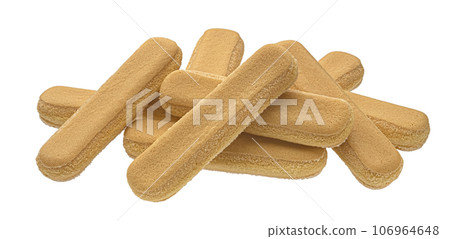 Italian savoiardi biscuits, ladyfinger cookies isolated on white background, full depth of field 106964648