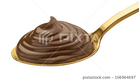 Hazelnut cream in spoon isolated on white background, full depth of field Hazelnut cream in spoon isolated on white background, full depth of field 106964697