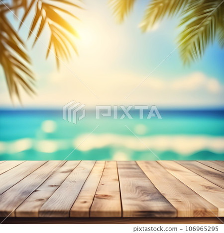 Empty wooden table, blurred summer sea background with copy space for your product Empty wooden table, blurred summer sea background with copy space for your product 106965295