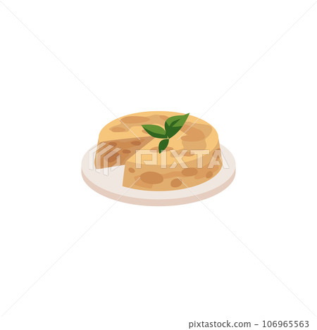 Spanish food cuisine, vector cartoon illustration of flan on plate, delicious pie with mint leaves, traditional dish 106965563