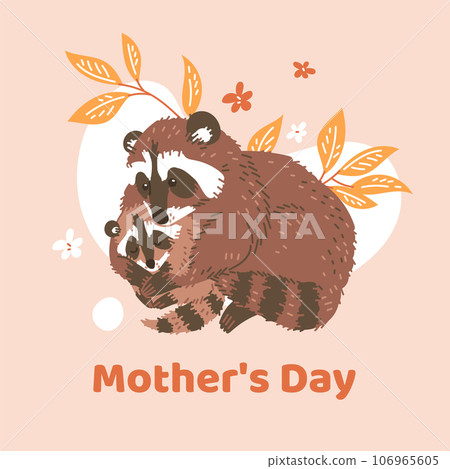Mothers day greeting card with raccoons family, flat vector illustration. Mothers day greeting card with raccoons family, flat vector illustration. 106965605
