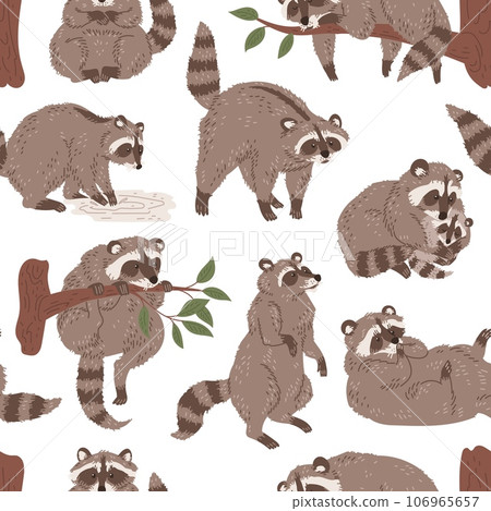 Seamless decorative pattern with raccoons flat vector illustration on white. Seamless decorative pattern with raccoons flat vector illustration on white. 106965657