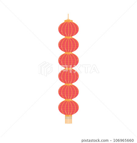 Vector isolated illustration of Japanese or Chinese paper lantern in long form of many circles with lace and braid in red yellow color 106965660