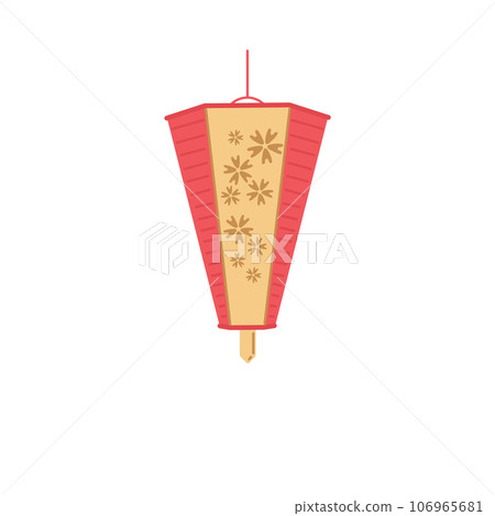 Vector illustration of Japanese or Chinese paper lantern with floral design hexagonal shape tapering towards the bottom in red yellow colors, isolated on white background 106965681