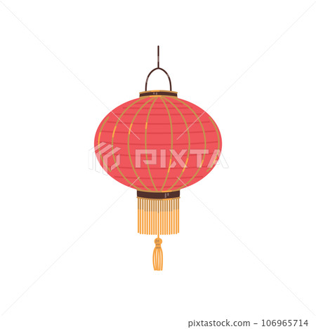 Vector illustration of Japanese or Chinese paper lantern round shape with a lace and braid in red yellow color, isolated on white background Vector illustration of Japanese or Chinese paper lantern round shape with a lace and braid in red yellow color, isolated on white background 106965714