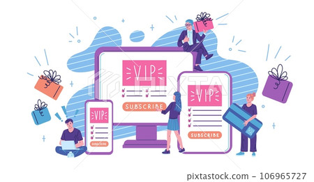 Tiny people subscribing to online service or newsletter, flat vector illustration isolated on white background. 106965727
