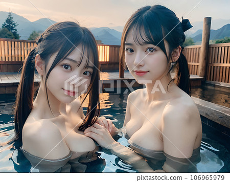 AI image: Two young women bathing in a hot spring open-air bath at dusk AI image: Two young women bathing in a hot spring open-air bath at dusk 106965979
