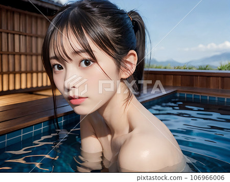 AI image: Young woman bathing in a hot spring open-air bath under the blue sky AI image: Young woman bathing in a hot spring open-air bath under the blue sky 106966006