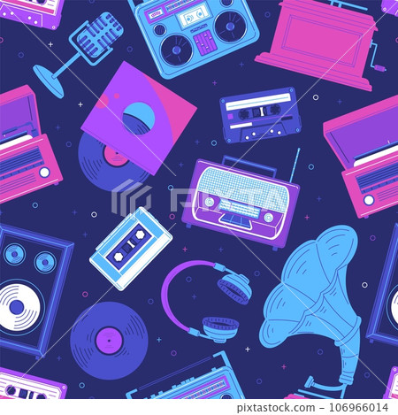 Retro vector seamless pattern with music listening recording devices, realistic boom box, cassette recorder, 90s disco Retro vector seamless pattern with music listening recording devices, realistic boom box, cassette recorder, 90s disco 106966014