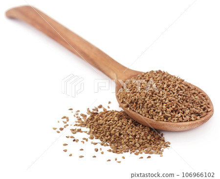 Ajwain seeds in a wooden spoon Ajwain seeds in a wooden spoon 106966102