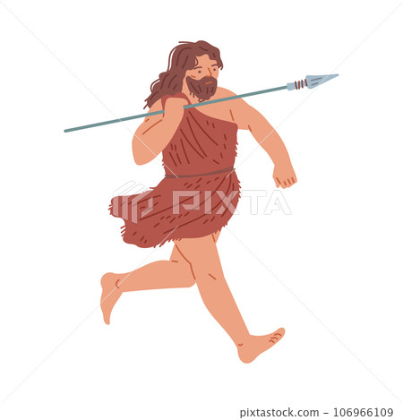 Prehistoric primitive caveman stands with spear, warrior running and aiming, vector hand drawn Stone age illustration 106966109
