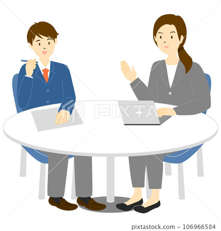 Illustration of a woman in a suit explaining to a male student 106966584