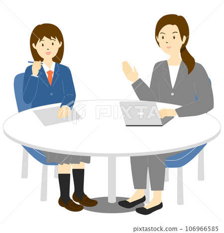 Illustration of a woman in a suit explaining to a female student Illustration of a woman in a suit explaining to a female student 106966585