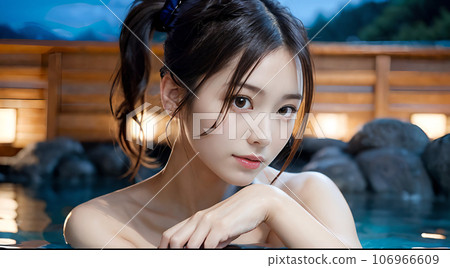 AI image: Young woman taking a bath in an open-air hot spring bath 106966609