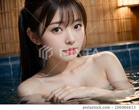 AI圖像：年輕女子在露天溫泉浴池洗澡 106966613