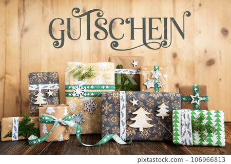Text Gutschein, Means Voucher, Rustic, Eco Christmas Background Text Gutschein, Means Voucher, Rustic, Eco Christmas Background 106966813