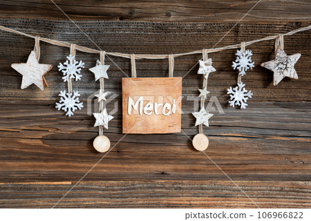 Wooden Decorated Christmas Label With Text Merci Wooden Decorated Christmas Label With Text Merci 106966822