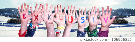 Children Hands Building Word Exklusiv means Exclusive, Winter Background Children Hands Building Word Exklusiv means Exclusive, Winter Background 106966835