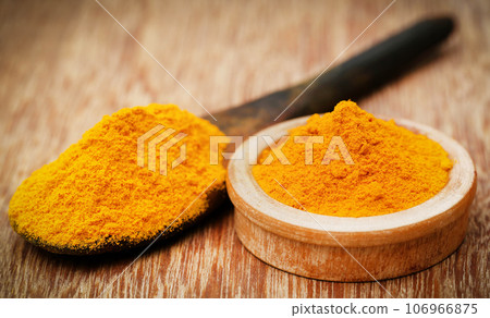 Ground turmeric in a spoon and bowl Ground turmeric in a spoon and bowl 106966875