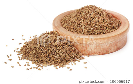 Ajwain seeds in a wooden bowl Ajwain seeds in a wooden bowl 106966917
