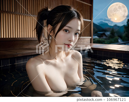 AI image: Young woman bathing in a hot spring open-air bath under the full moon 106967121