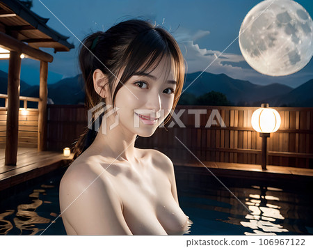 AI image: Young woman bathing in a hot spring open-air bath under the full moon AI image: Young woman bathing in a hot spring open-air bath under the full moon 106967122