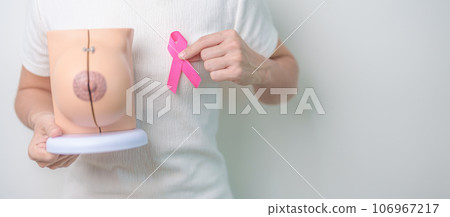 Pink October Breast Cancer Awareness month, woman with pink Ribbon and Breast Anatomy model. National cancer survivors month, health diagnosis, Mother and World cancer day concept 106967217
