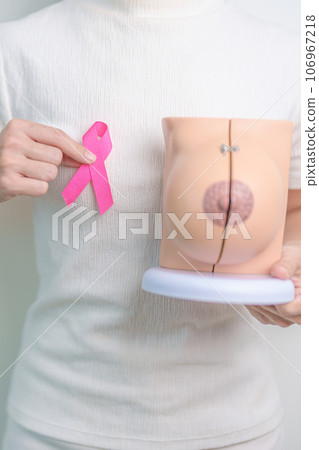 Pink October Breast Cancer Awareness month, woman with pink Ribbon and Breast Anatomy model. National cancer survivors month, health diagnosis, Mother and World cancer day concept Pink October Breast Cancer Awareness month, woman with pink Ribbon and Breast Anatomy model. National cancer survivors month, health diagnosis, Mother and World cancer day concept 106967218