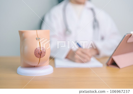 Doctor with Breast Anatomy model. Breast Augmentation Surgery, October Breast Cancer Awareness month, implant, Diagnosis, Beauty woman enlargement and medical education concept 106967237