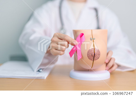 Pink October Breast Cancer Awareness month, doctor woman with pink Ribbon and Breast Anatomy model. National cancer survivors month, health diagnosis, Mother and World cancer day concept 106967247