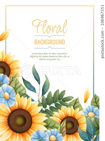Greeting card template with sunflowers, blue daisies. Flyer, banner with autumn wildflowers. Design for wedding invitation and party. Greeting card template with sunflowers, blue daisies. Flyer, banner with autumn wildflowers. Design for wedding invitation and party. 106967351