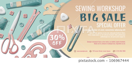Banner template for sewing workshop. Discount coupon with sewing items. Pattern, template, buttons, thread. Poster for sewing courses, schools, shops, ateliers. Discounts on products and services 106967444