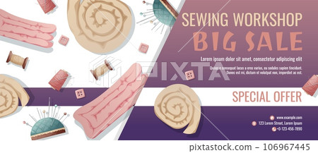 Banner template for sewing workshop. Discount coupon with sewing items. Pincushion, fabric, threads. Poster for tailoring courses, schools, shops, ateliers, light industry. Banner for sale of good Banner template for sewing workshop. Discount coupon with sewing items. Pincushion, fabric, threads. Poster for tailoring courses, schools, shops, ateliers, light industry. Banner for sale of good 106967445