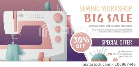 Banner template for sewing workshop. Discount coupon with sewing items. Sewing machine, fabric, threads. Poster for tailoring courses, schools, shops, ateliers, light industry. Banner for sale of good Banner template for sewing workshop. Discount coupon with sewing items. Sewing machine, fabric, threads. Poster for tailoring courses, schools, shops, ateliers, light industry. Banner for sale of good 106967446