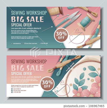 Set of banner templates for sewing workshop. Discount coupon with hoops and threads. Embroidery with floss threads, needlework, hobby. Poster for tailoring courses, schools, shops, ateliers 106967465