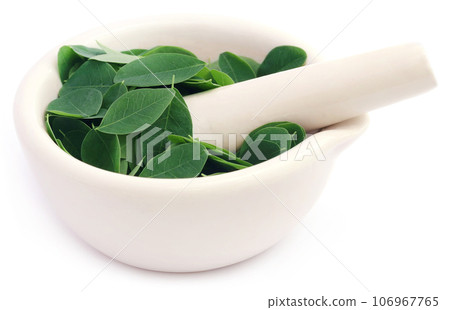Edible moringa leaves in a mortar with pestle 106967765