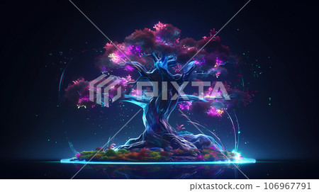 Cyberpunk Retro Futuristic Tree with Neon Lights 106967791