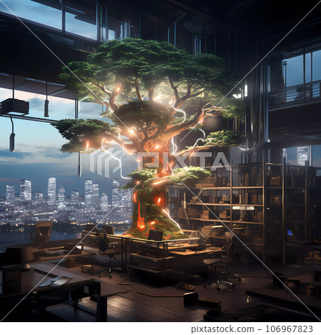 Cyberpunk Retro Futuristic Tree with Neon Lights 106967823