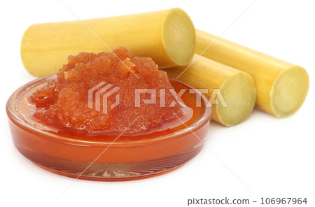 Piece of sugarcane with molasses 106967964