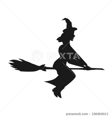 Black witch silhouette flying on magic broom vector cartoon character isolated on white background. Beautiful young witch. Halloween design element. 106968021
